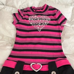 Pink Black Heart Striped Dress Piper Belt Mock Neck
